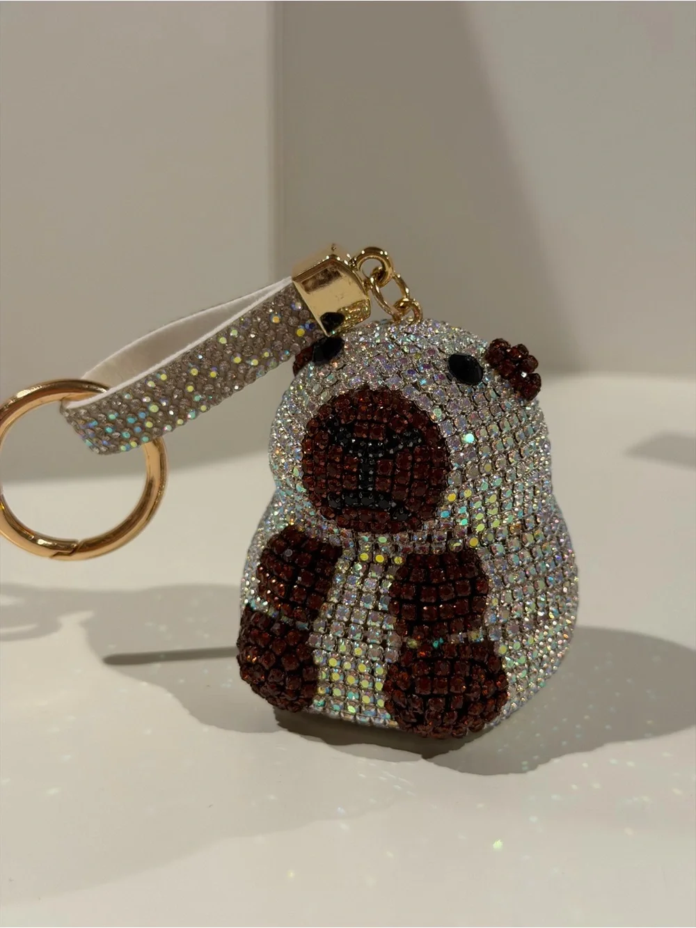 Rhinestone Embellished Brown & White Capybara Keychain bag clip